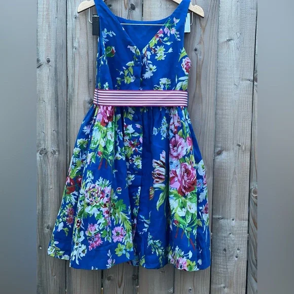 Polo Ralph Lauren Blue Floral prints striped belt dress for Girls - Picture 8 of 9